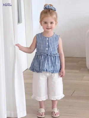 Little Maven Girls Plaid Sleeveless Cotton Set