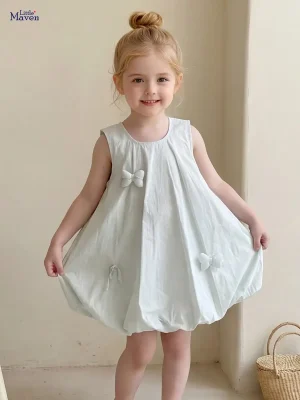 Little Maven Girls Cotton Sleeveless Dress with Bow Detail