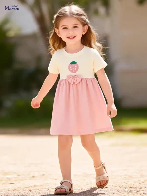 Little Maven Girls Cotton Terry Embroidered Dress with Bow