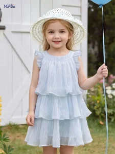 Little Maven Girls Cotton Tiered Cake Dress with Hat Set