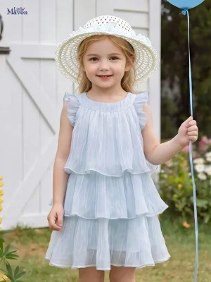 Little Maven Girls Cotton Tiered Cake Dress with Hat Set