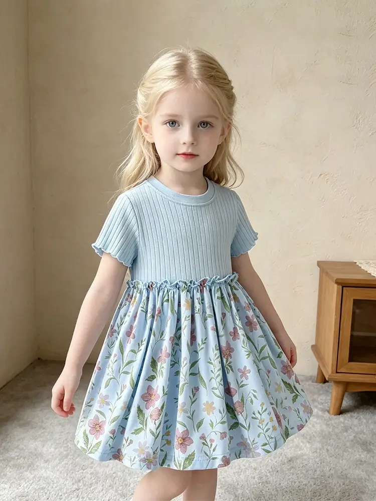 Little Maven Official Girls Floral Print Cotton Short-Sleeve Knit Dress 1 Little Maven Girls Floral Cotton Knit Dress | Toddler Clothes
