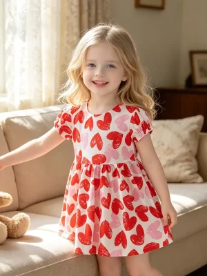 Little Maven Girls Heart Print Cotton Dress | Play-Proof