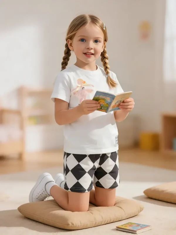 Little Maven Girls Cotton Character Tee & Plaid Shorts Set