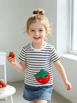 Little Maven Girls Strawberry Striped Cotton T-Shirt